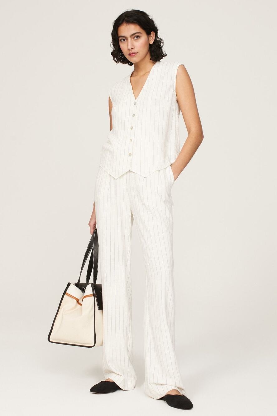 Donni White Pinstripe V-Neck Button Front Linen Blend Sleeveless Vest Small